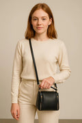 LeatherLuxe elegant black leather handbag for women – premium shoulder bag with sleek design and gold accents