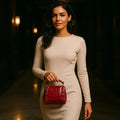 Luxury red leather handbag for women in crocodile pattern — LeatherLuxe shoulder bag with elegant design and premium finish.