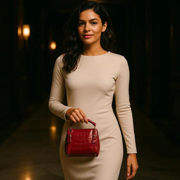 Luxury red leather handbag for women in crocodile pattern — LeatherLuxe shoulder bag with elegant design and premium finish.
