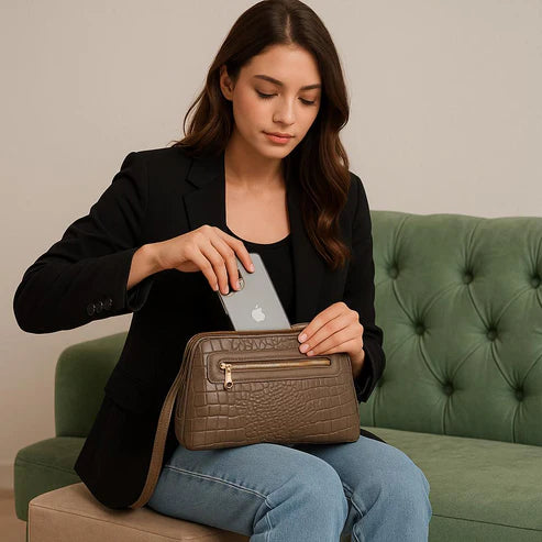 LeatherLuxe Khaki Crocodile-Style Leather Clutch and Shoulder Bag – Elegant Crossbody Handbag for Women