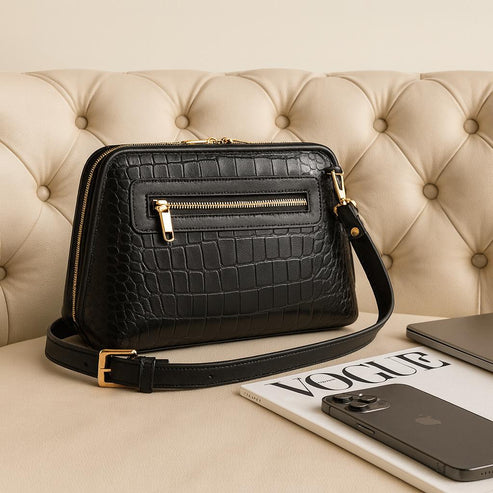 LeatherLuxe black leather clutch bag with detachable shoulder strap and crossbody option – elegant women’s evening handbag made of premium genuine leather.