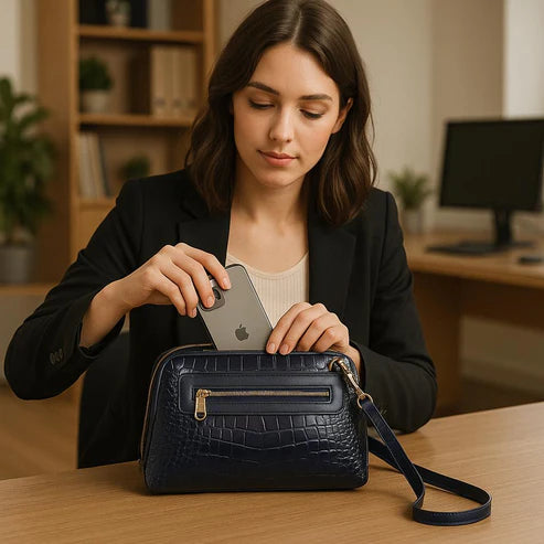 LeatherLuxe navy blue leather clutch bag and shoulder crossbody handbag for women – elegant, premium genuine leather design with adjustable strap and gold accents.