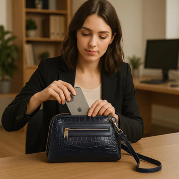 LeatherLuxe navy blue leather clutch bag and shoulder crossbody handbag for women – elegant, premium genuine leather design with adjustable strap and gold accents.
