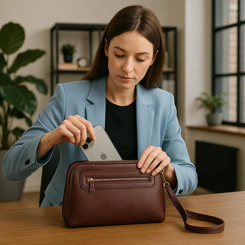 LeatherLuxe dark red genuine leather clutch bag with detachable crossbody and shoulder strap, premium women’s evening purse with gold hardware