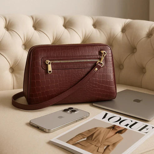 Elegant dark red genuine leather clutch bag with shoulder strap and crossbody design — LeatherLuxe premium women’s handbag