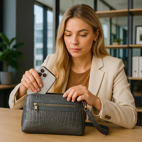 LeatherLuxe silver leather clutch and crossbody bag with detachable shoulder strap, elegant metallic finish, and minimalist luxury design for evening and casual wear.