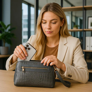 LeatherLuxe silver leather clutch and crossbody bag with detachable shoulder strap, elegant metallic finish, and minimalist luxury design for evening and casual wear.