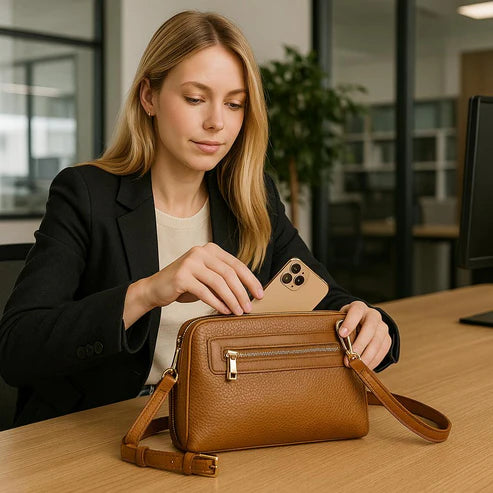 Elegant brown leather clutch bag with detachable shoulder strap, crossbody design, and premium stitching — LeatherLuxe women’s handbag.