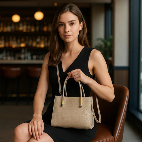 LeatherLuxe cream women’s leather handbag — elegant shoulder and crossbody bag with premium soft finish and gold hardware.