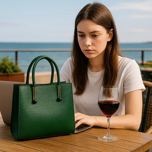 LeatherLuxe Green Women’s Leather Handbag — Stylish shoulder and crossbody bag made from premium genuine leather with gold-tone hardware.