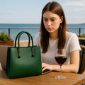 LeatherLuxe Green Women’s Leather Handbag — Stylish shoulder and crossbody bag made from premium genuine leather with gold-tone hardware.