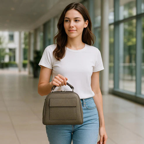 Beige leather women's handbag with shoulder strap — elegant satchel for everyday and formal occasions.