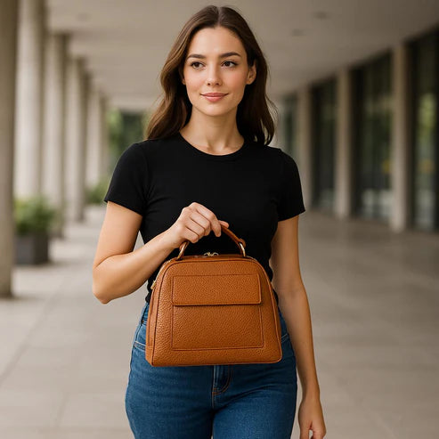 Premium leather women's handbag in satchel and shoulder bag style, featuring elegant stitching, durable handles, and a classic design for everyday and formal use.