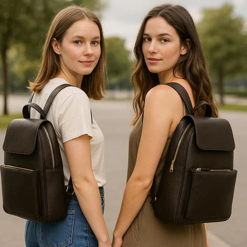 Dark brown genuine leather women's backpack by LeatherLuxe with sleek design, premium finish, and spacious compartments.