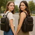 Dark brown genuine leather women's backpack by LeatherLuxe with sleek design, premium finish, and spacious compartments.