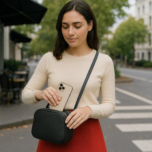 Premium black leather crossbody shoulder bag with adjustable strap, sleek minimalist design, and high-quality stitching for everyday use.