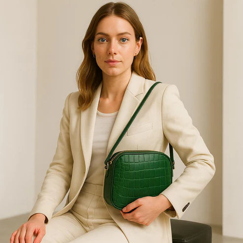 LeatherLuxe Green Leather Women's Shoulder Bag in Crocodile Style — Elegant crossbody bag with textured pattern and gold-tone details