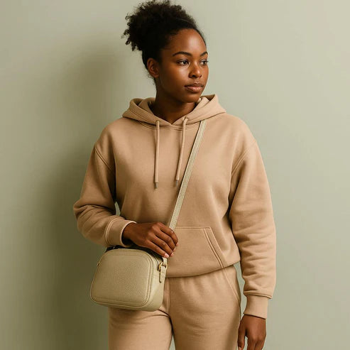 Cream leather women’s shoulder bag and crossbody by LeatherLuxe – elegant, premium quality handbag with adjustable strap and gold-tone hardware.