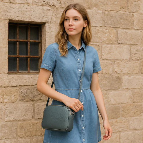 Elegant gray leather women’s shoulder bag and crossbody purse by LeatherLuxe — premium genuine leather handbag with adjustable strap and minimalist modern design.
