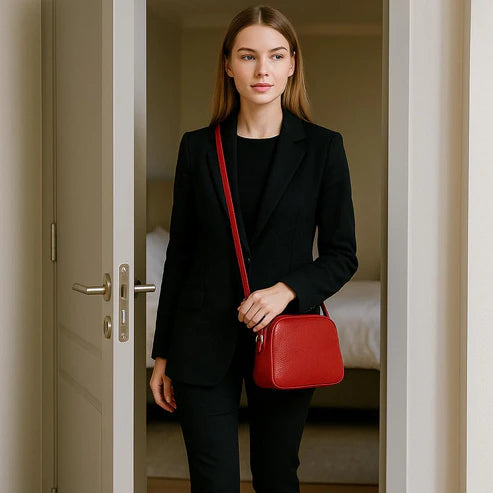 LeatherLuxe red leather women's shoulder bag with adjustable crossbody strap, elegant and stylish design for everyday fashion.