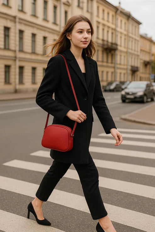 LeatherLuxe red leather women's shoulder bag with adjustable crossbody strap, elegant and stylish design for everyday fashion.