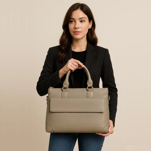 Premium cream leather laptop bag for men and women — stylish unisex business briefcase with shoulder strap, perfect for work, office, or travel.