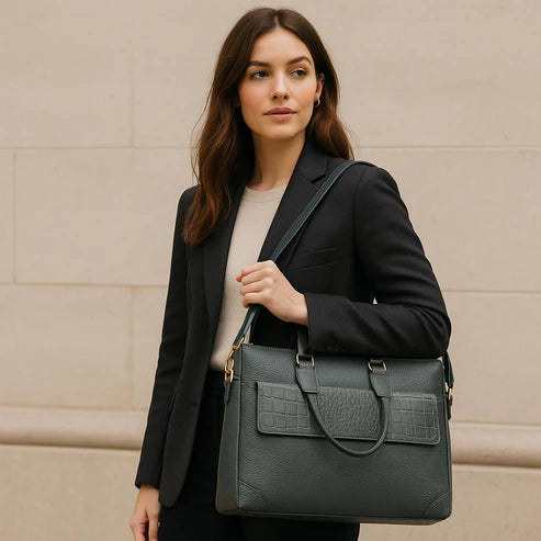 Premium gray leather laptop bag for men and women – sleek unisex professional briefcase with handle and shoulder strap for business and travel.