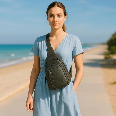 LeatherLuxe grey leather unisex sling bag – premium crossbody shoulder bag with adjustable strap, modern minimalist design, ideal for everyday use.