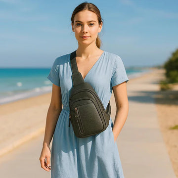 LeatherLuxe grey leather unisex sling bag – premium crossbody shoulder bag with adjustable strap, modern minimalist design, ideal for everyday use.