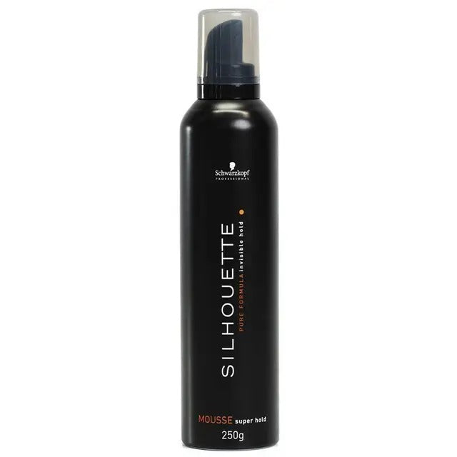 Black bottle of Schwarzkopf Silhouette hair mousse on a white background