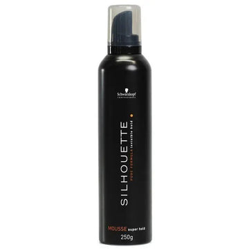 Black bottle of Schwarzkopf Silhouette hair mousse on a white background