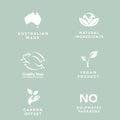 Set of icons and text on a light green background indicating product attributes.