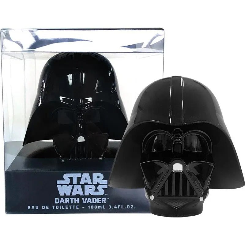 Darth Vader perfume bottle packaging with clear lid and Star Wars branding.