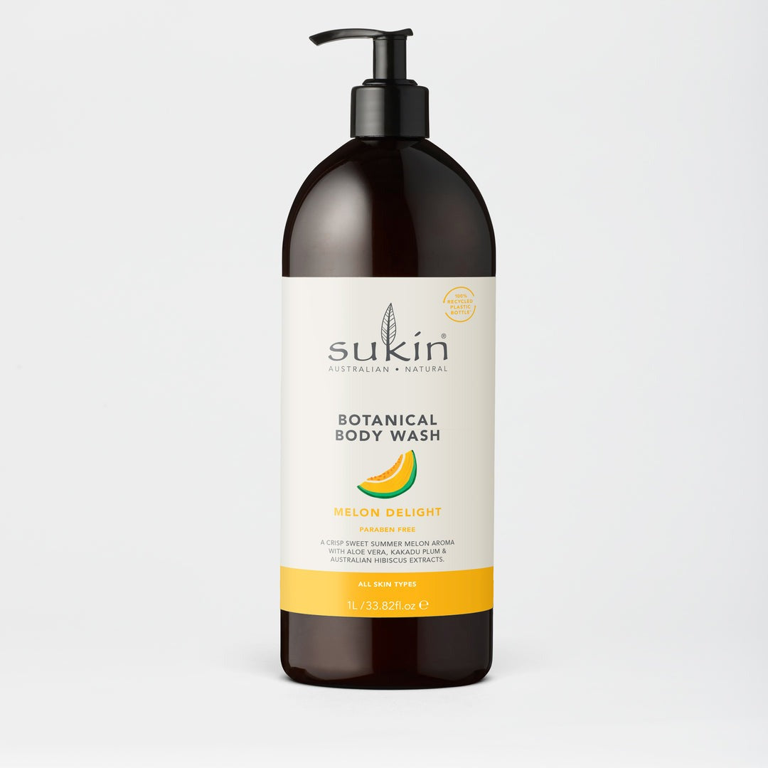 Sukin Botanical Body Wash bottle on a light gray background