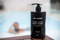 The Body Pack – Men’s Body Care Set including body wash, body lotion, and grooming essentials, arranged neatly on a bathroom counter for men’s skincare
