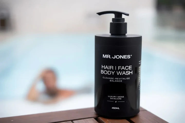 The Body Pack – Men’s Body Care Set including body wash, body lotion, and grooming essentials, arranged neatly on a bathroom counter for men’s skincare