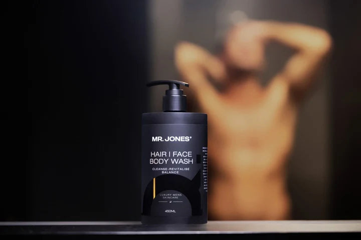 Mr Jones Men’s Hair, Face and Body Wash in sleek black packaging designed for all-in-one cleansing and grooming