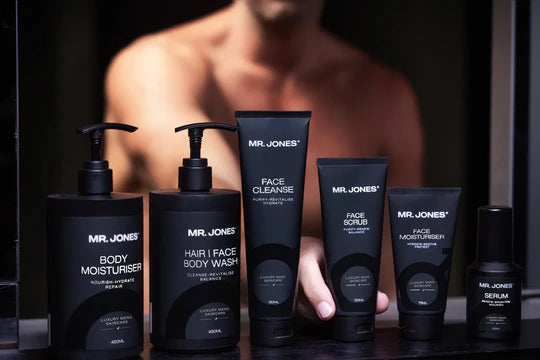 The Six Pack Men’s Complete Skincare Set featuring cleanser, moisturizer, exfoliator, serum, eye cream, and face mask for men’s daily grooming and skincare routine.