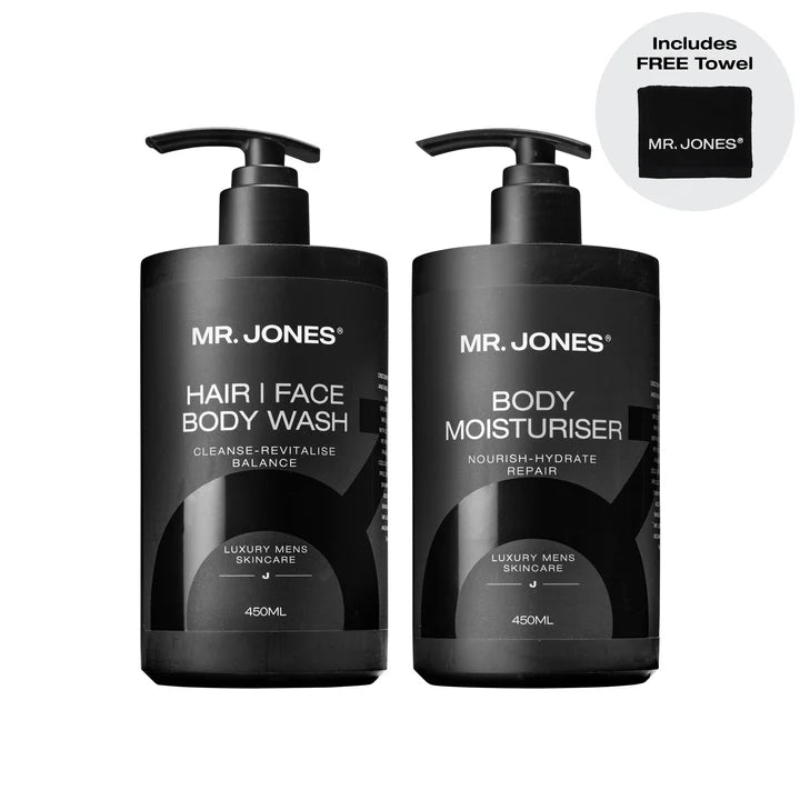The Body Pack – Men’s Body Care Set including body wash, body lotion, and grooming essentials, arranged neatly on a bathroom counter for men’s skincare