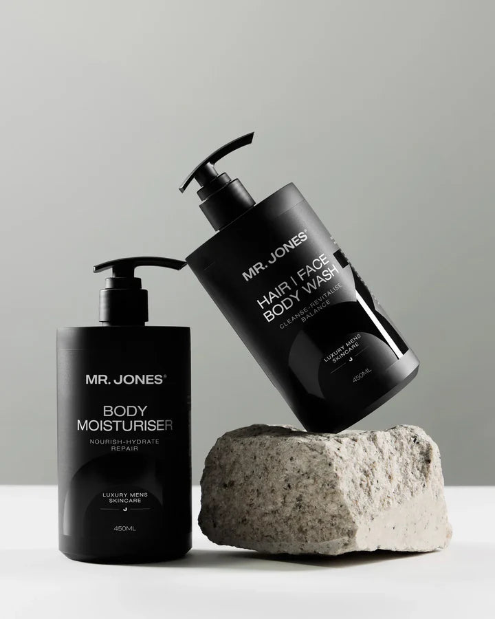 The Body Pack – Men’s Body Care Set including body wash, body lotion, and grooming essentials, arranged neatly on a bathroom counter for men’s skincare