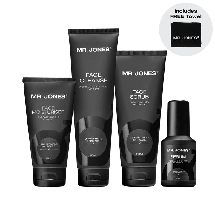 Virtue men’s skincare set with cleanser, exfoliator, moisturizer, face mask, and serum in sleek black packaging displayed with male models
