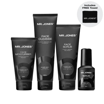 Virtue men’s skincare set with cleanser, exfoliator, moisturizer, face mask, and serum in sleek black packaging displayed with male models