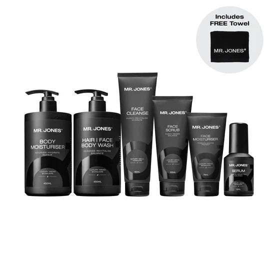 The Six Pack Men’s Complete Skincare Set featuring cleanser, moisturizer, exfoliator, serum, eye cream, and face mask for men’s daily grooming and skincare routine.