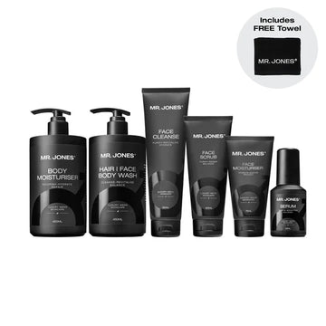 The Six Pack Men’s Complete Skincare Set featuring cleanser, moisturizer, exfoliator, serum, eye cream, and face mask for men’s daily grooming and skincare routine.