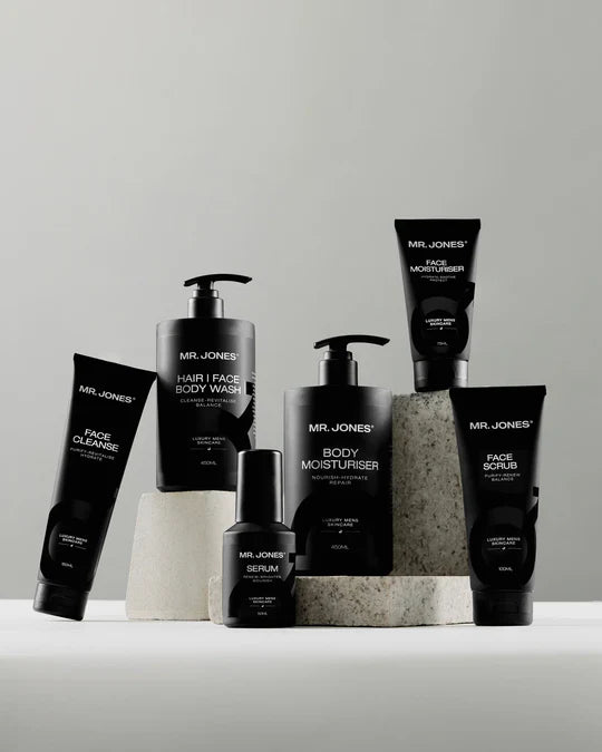 The Six Pack Men’s Complete Skincare Set featuring cleanser, moisturizer, exfoliator, serum, eye cream, and face mask for men’s daily grooming and skincare routine.