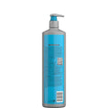 Bottle with blue label and pump dispenser on a white background