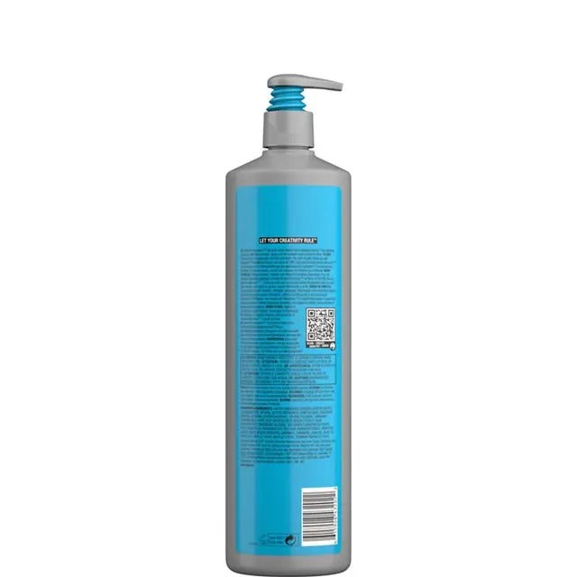 Bottle with blue label and pump dispenser on a white background