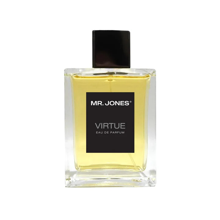 Virtue Eau De Parfum for men in sleek glass bottle with black label and cap, displayed with lifestyle shots and luxury background