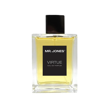 Virtue Eau De Parfum for men in sleek glass bottle with black label and cap, displayed with lifestyle shots and luxury background