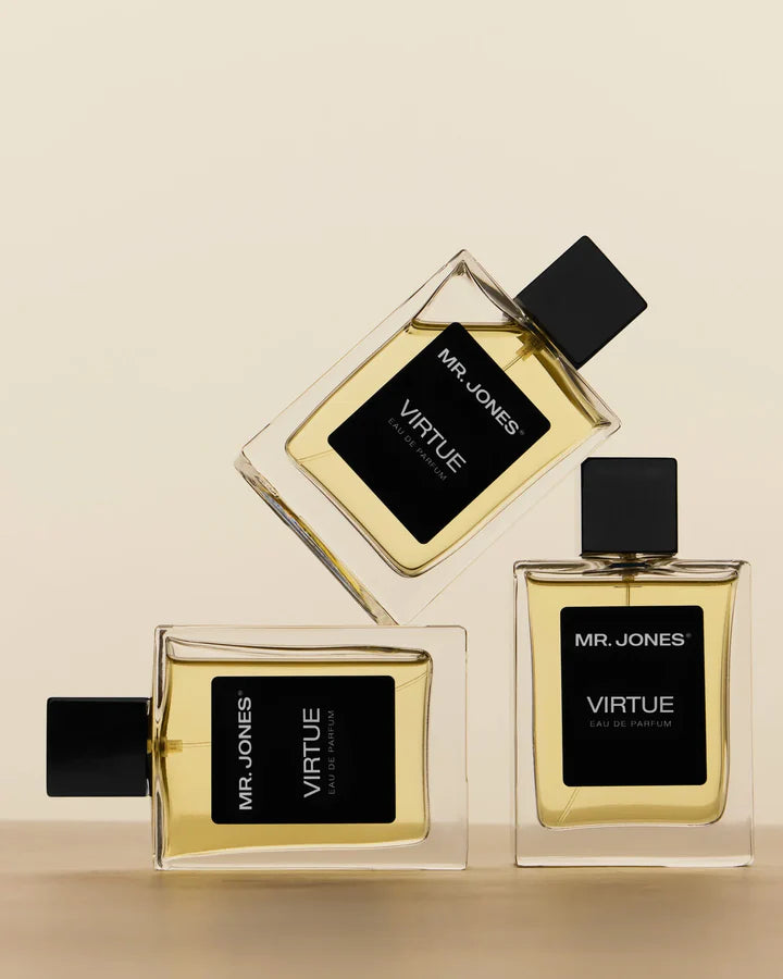 Virtue Eau De Parfum for men in sleek glass bottle with black label and cap, displayed with lifestyle shots and luxury background